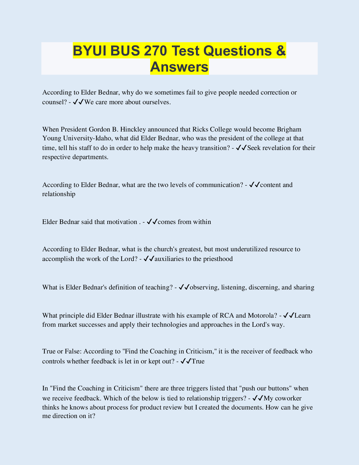 Preview image for BYUI BUS 270 Test Questions & Answers | 160 Questions with 100% Correct Answers | Updated & Verified | 22 Pages